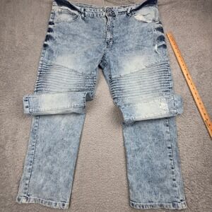 Southpole Biker Moto Jeans Mens 46x34 Light Blue Acid Wash Distressed Ribbed